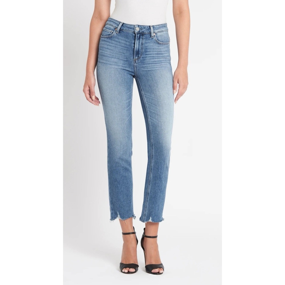 PAIGE Denim CINDY Mel Destroyed Raw Hem High Rise Straight Leg Jeans Blue sz.26